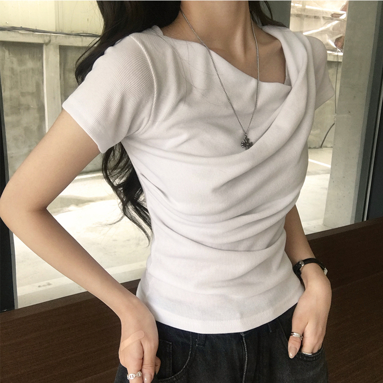 드레이프 봄 여름 꼬임 반팔 티셔츠 언발란스 슬림핏 레이어드 블라우스 하객룩 상의 결혼식 코디 반팔티 4color 화이트