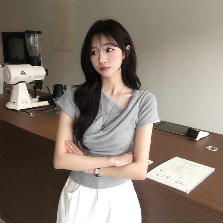 드레이프 봄 여름 꼬임 반팔 티셔츠 언발란스 슬림핏 레이어드 블라우스 하객룩 상의 결혼식 코디 반팔티 4color 그레이