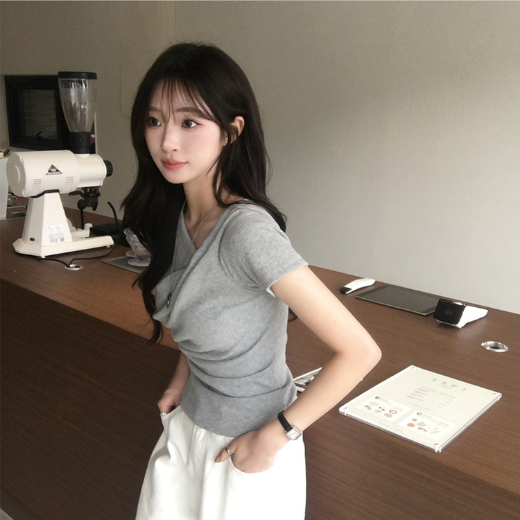 드레이프 봄 여름 꼬임 반팔 티셔츠 언발란스 슬림핏 레이어드 블라우스 하객룩 상의 결혼식 코디 반팔티 4color 그레이