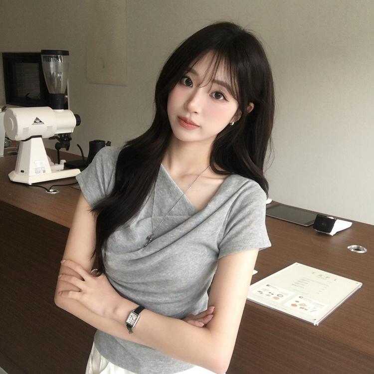 드레이프 봄 여름 꼬임 반팔 티셔츠 언발란스 슬림핏 레이어드 블라우스 하객룩 상의 결혼식 코디 반팔티 4color 그레이