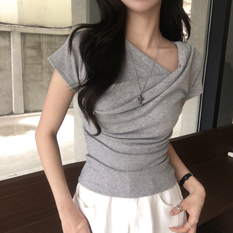 드레이프 봄 여름 꼬임 반팔 티셔츠 언발란스 슬림핏 레이어드 블라우스 하객룩 상의 결혼식 코디 반팔티 4color 그레이