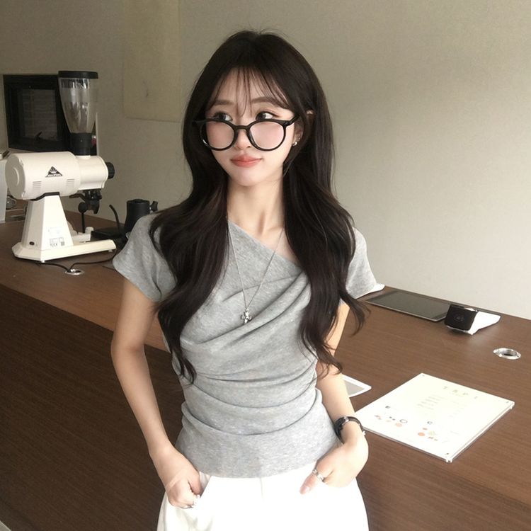 드레이프 봄 여름 꼬임 반팔 티셔츠 언발란스 슬림핏 레이어드 블라우스 하객룩 상의 결혼식 코디 반팔티 4color 그레이