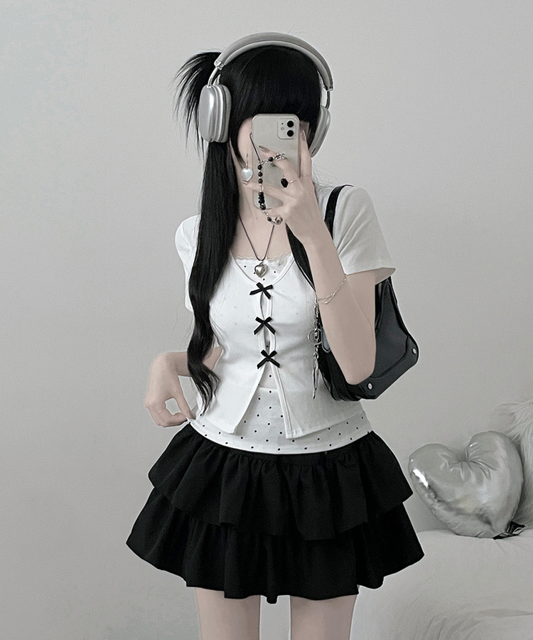 블랙리본도트레이스레이어드반팔 아이