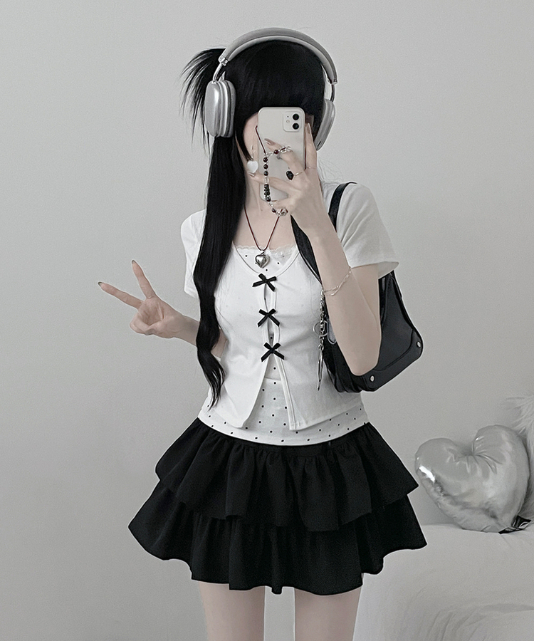 블랙리본도트레이스레이어드반팔 아이