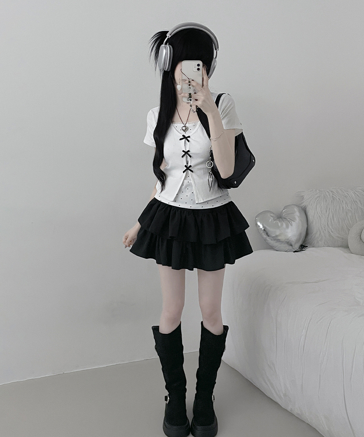 블랙리본도트레이스레이어드반팔 아이