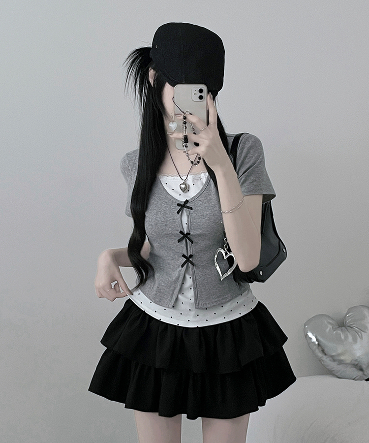 블랙리본도트레이스레이어드반팔 회색