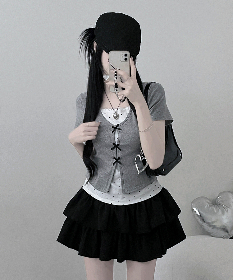 블랙리본도트레이스레이어드반팔 회색