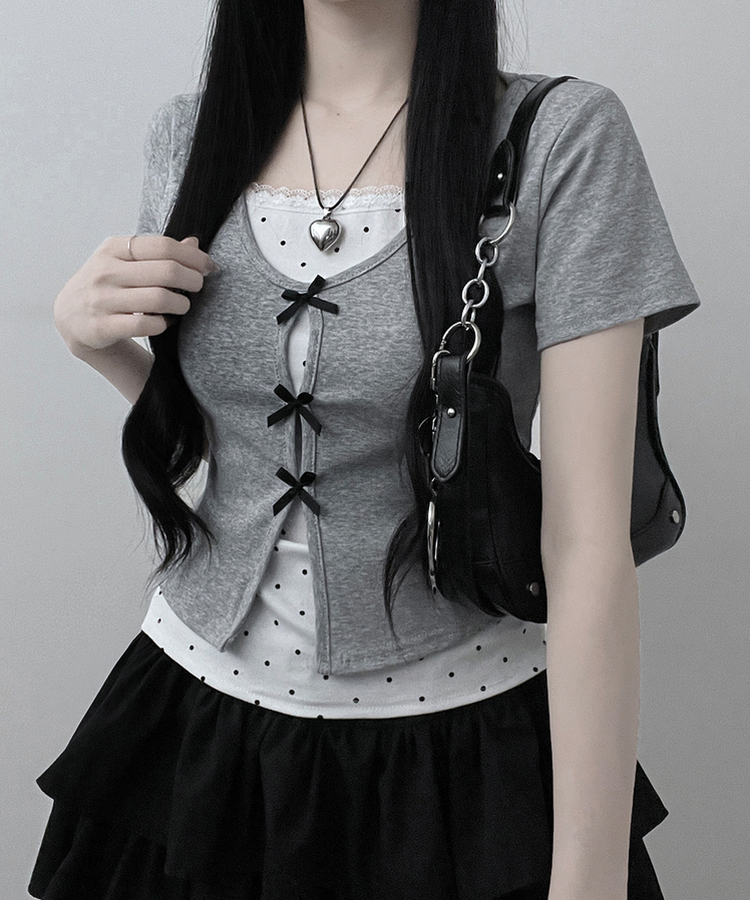 블랙리본도트레이스레이어드반팔 회색