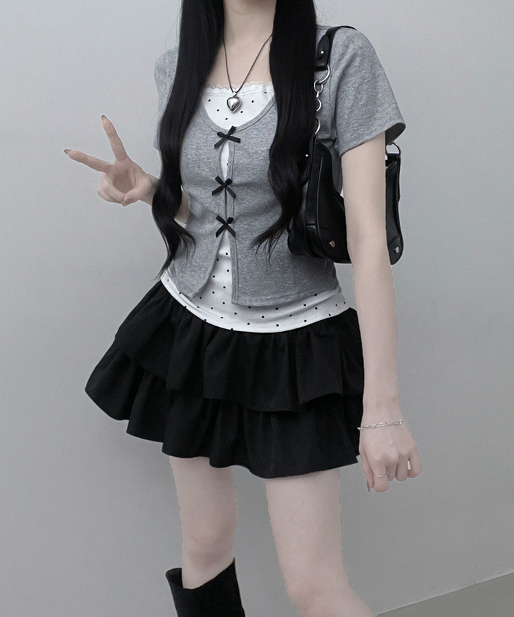 블랙리본도트레이스레이어드반팔 회색