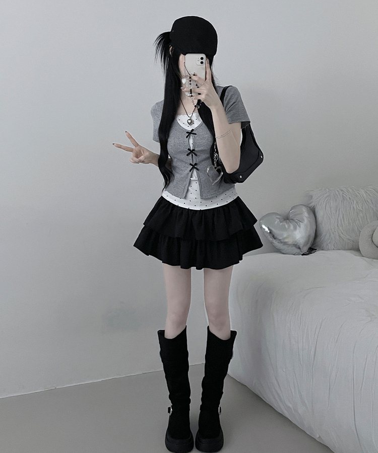 블랙리본도트레이스레이어드반팔 회색