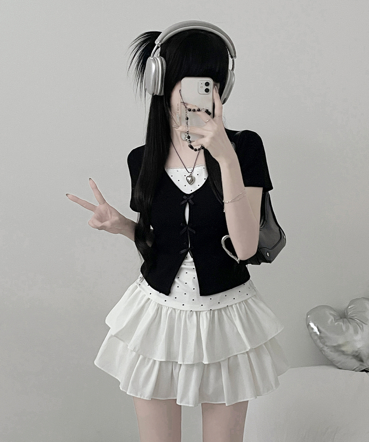 블랙리본도트레이스레이어드반팔 검정