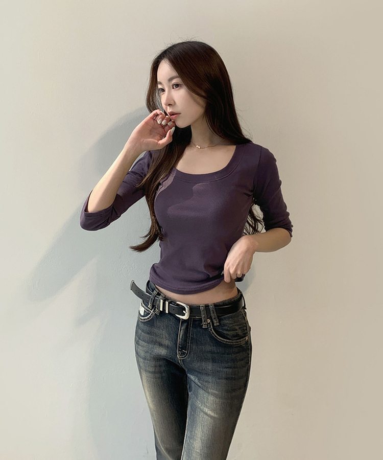 실버 영문 펜던트 7부 세로줄 슬림핏 티셔츠 퍼플
