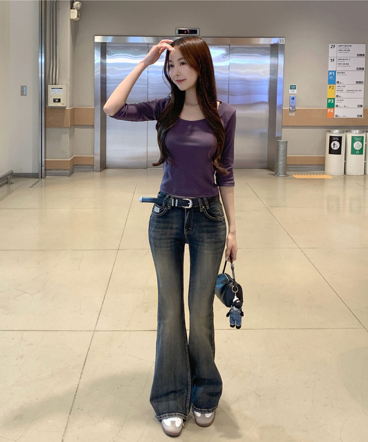 실버 영문 펜던트 7부 세로줄 슬림핏 티셔츠 퍼플