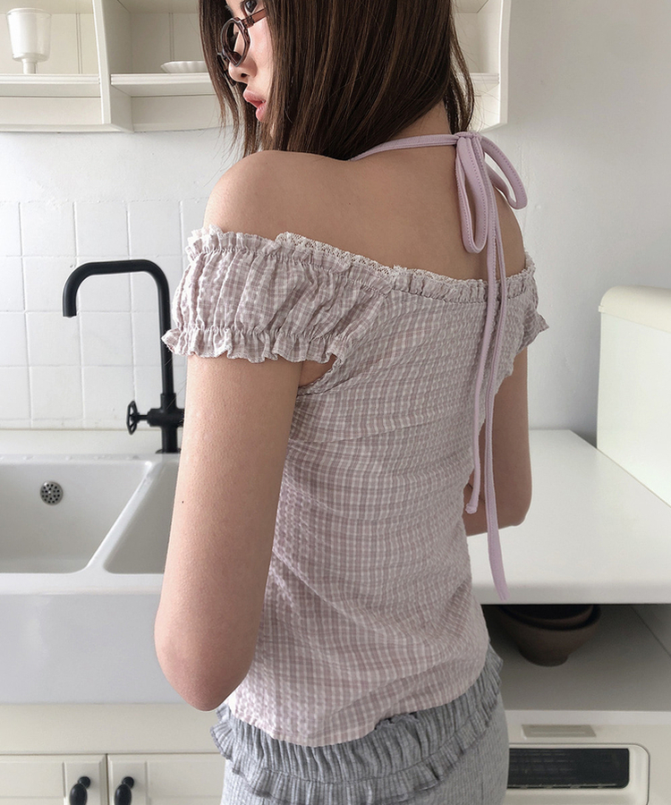 【SET】チェックフリルブラウス ホルターネックキャミソール PINK