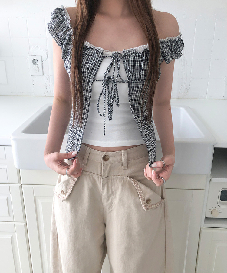 【SET】チェックフリルブラウス ホルターネックキャミソール BLACK