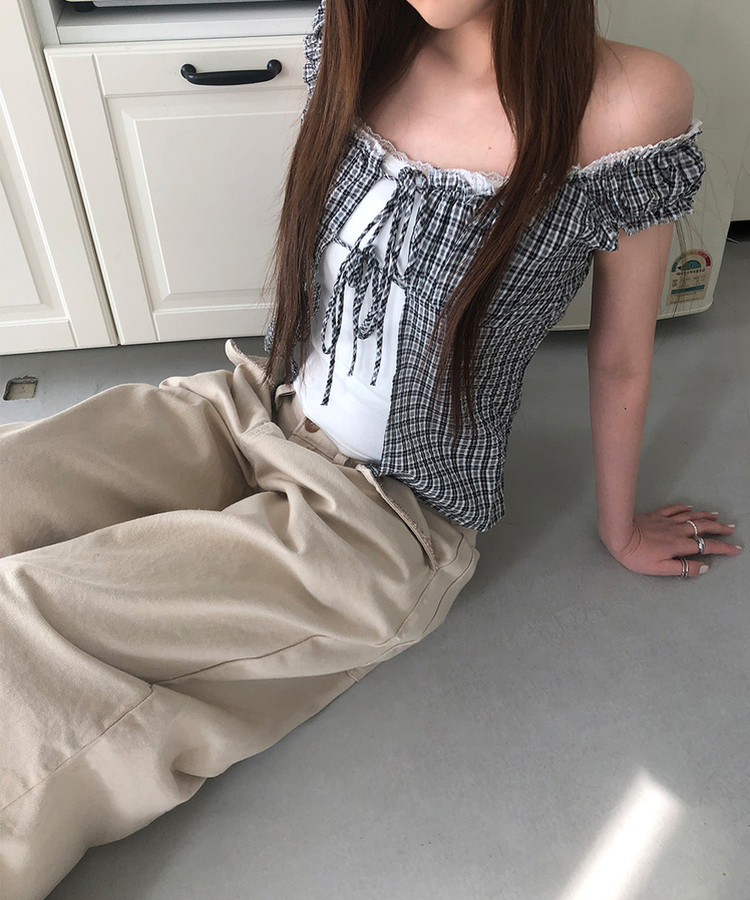 【SET】チェックフリルブラウス ホルターネックキャミソール BLACK