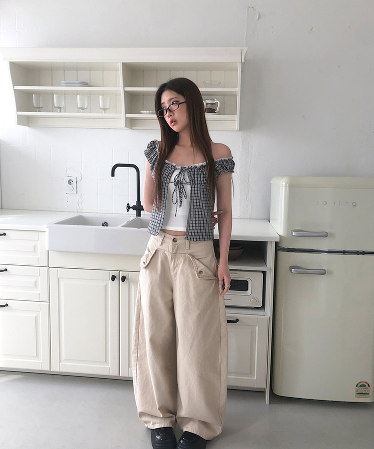 【SET】チェックフリルブラウス ホルターネックキャミソール BLACK