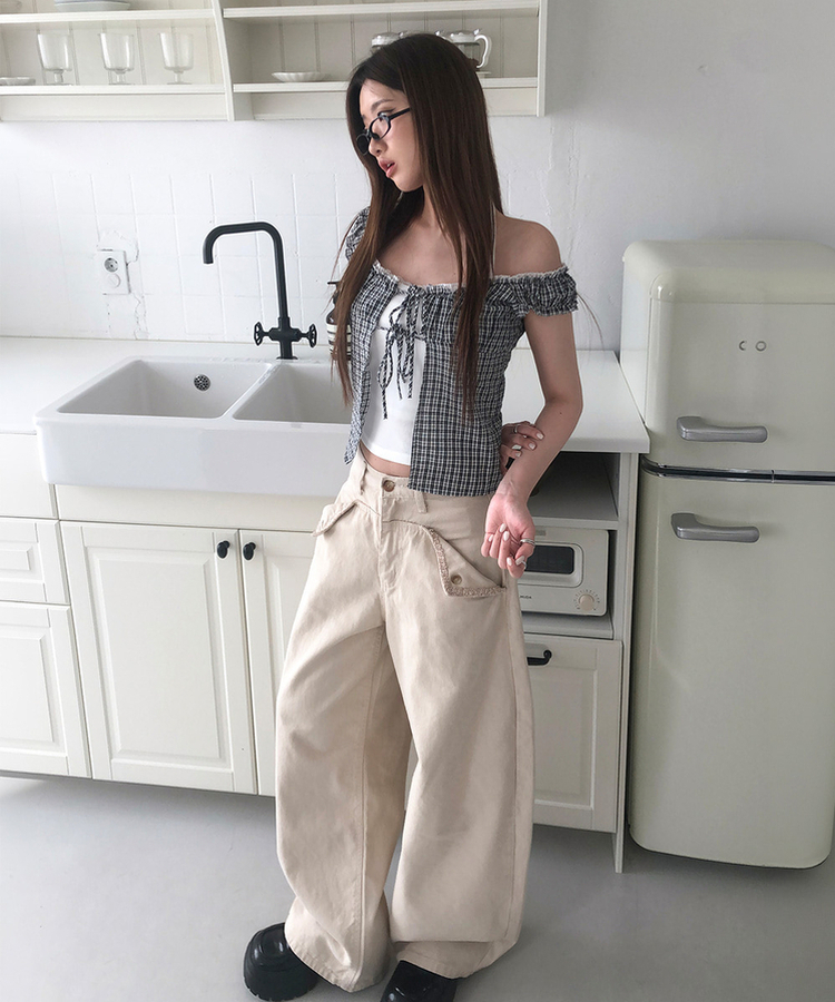 【SET】チェックフリルブラウス ホルターネックキャミソール BLACK