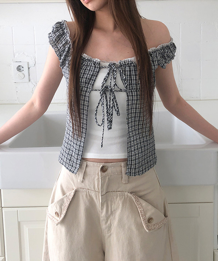 【SET】チェックフリルブラウス ホルターネックキャミソール BLACK