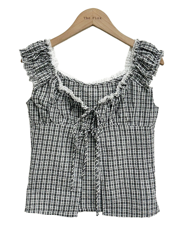 【SET】チェックフリルブラウス ホルターネックキャミソール