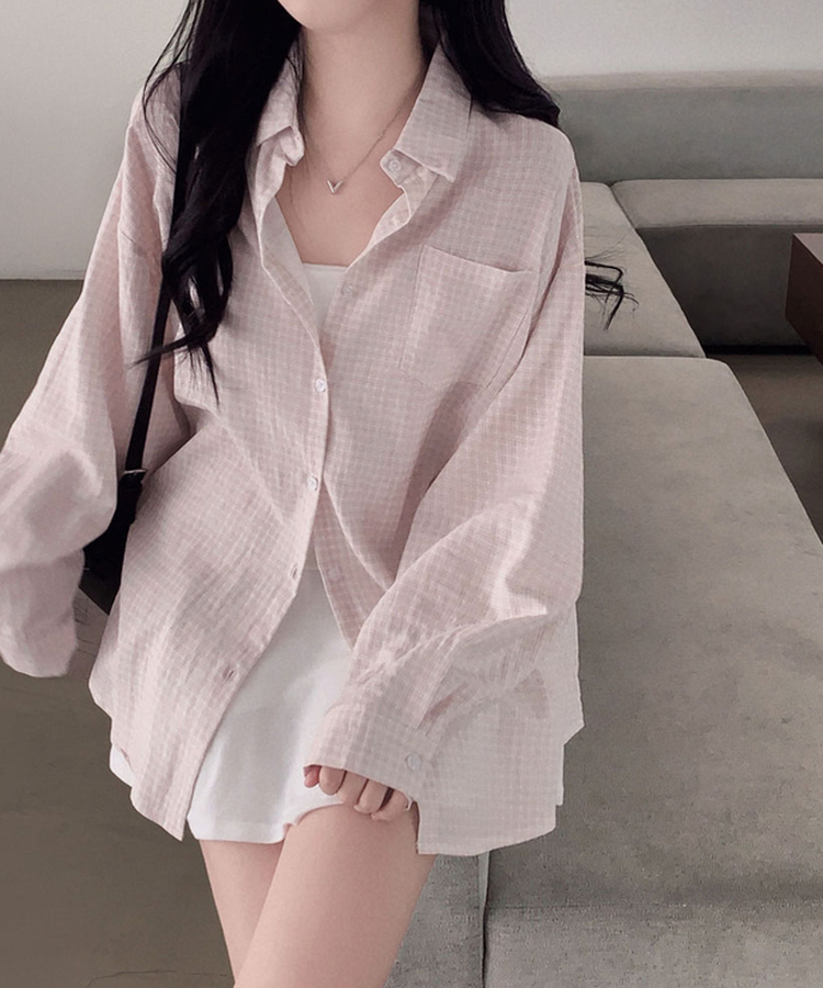 피카부 잔잔 체크 오버핏 카라 셔츠 핑크