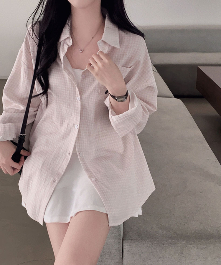 피카부 잔잔 체크 오버핏 카라 셔츠 핑크