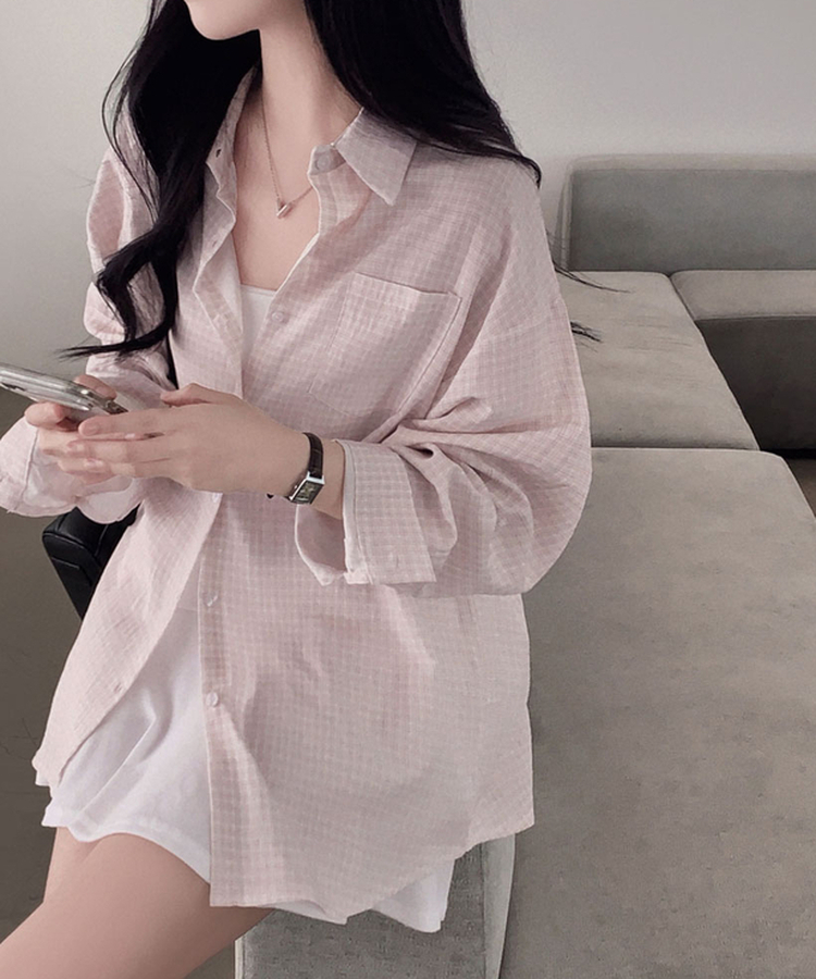 피카부 잔잔 체크 오버핏 카라 셔츠 핑크