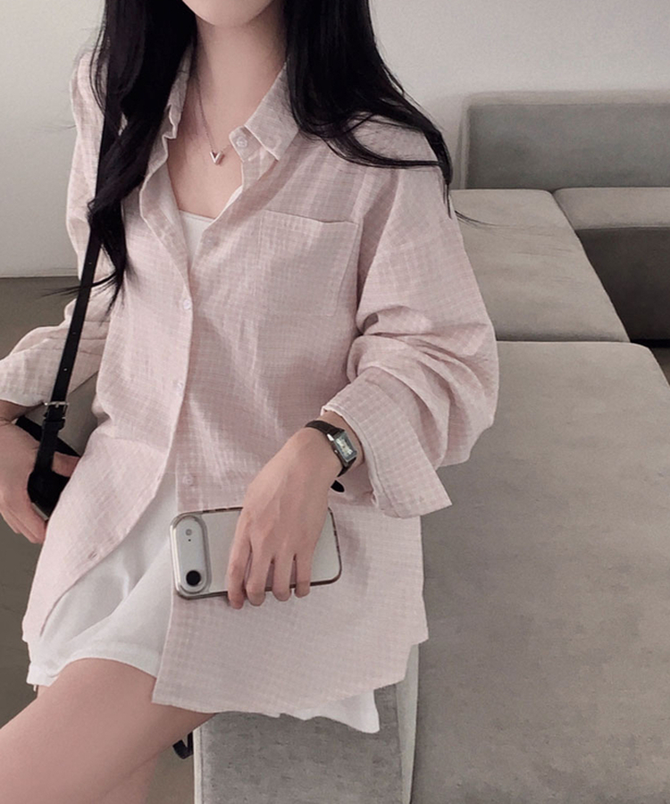 피카부 잔잔 체크 오버핏 카라 셔츠 핑크