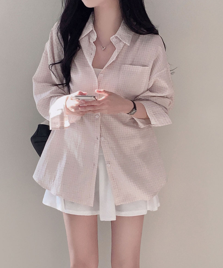 피카부 잔잔 체크 오버핏 카라 셔츠 핑크