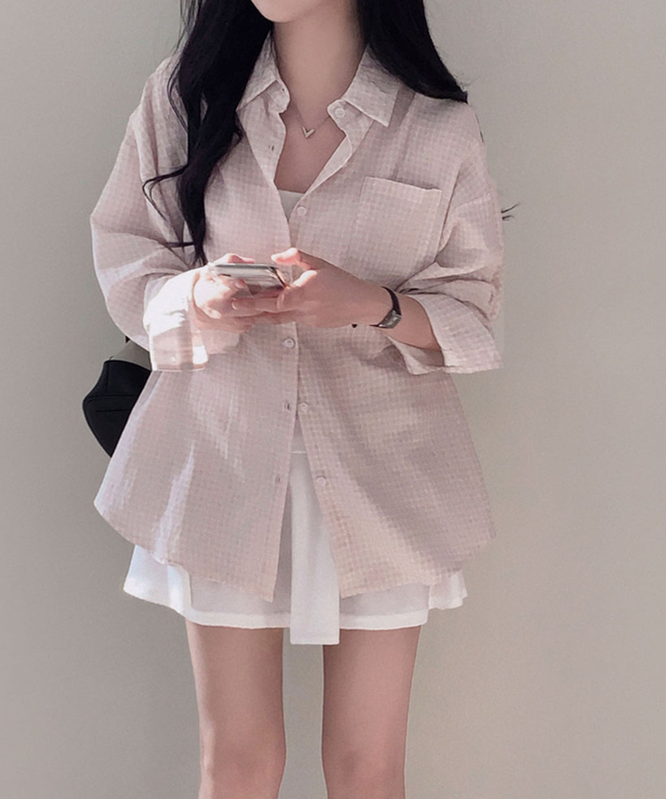 피카부 잔잔 체크 오버핏 카라 셔츠 핑크