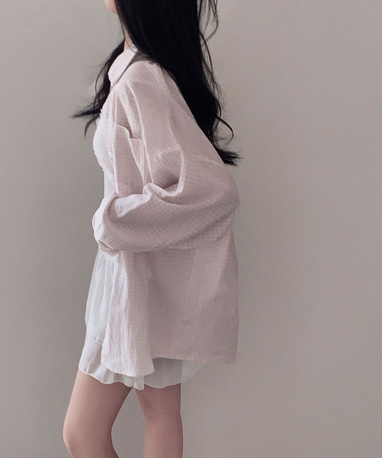 피카부 잔잔 체크 오버핏 카라 셔츠 핑크