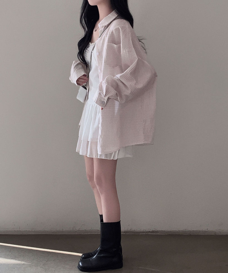피카부 잔잔 체크 오버핏 카라 셔츠 핑크