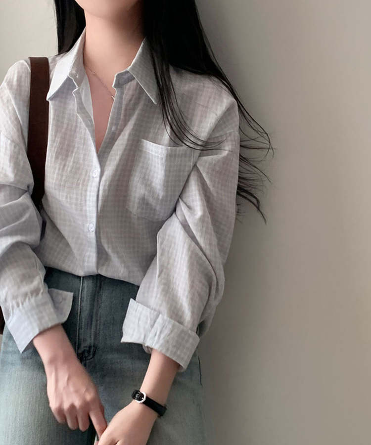 피카부 잔잔 체크 오버핏 카라 셔츠 블루