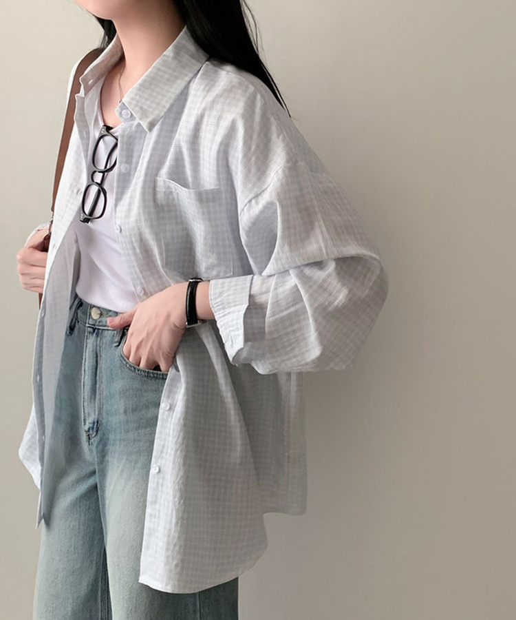 피카부 잔잔 체크 오버핏 카라 셔츠 블루