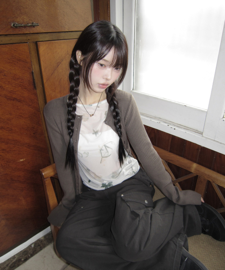 ボタンリブラウンドカーディガン(10color) BROWN