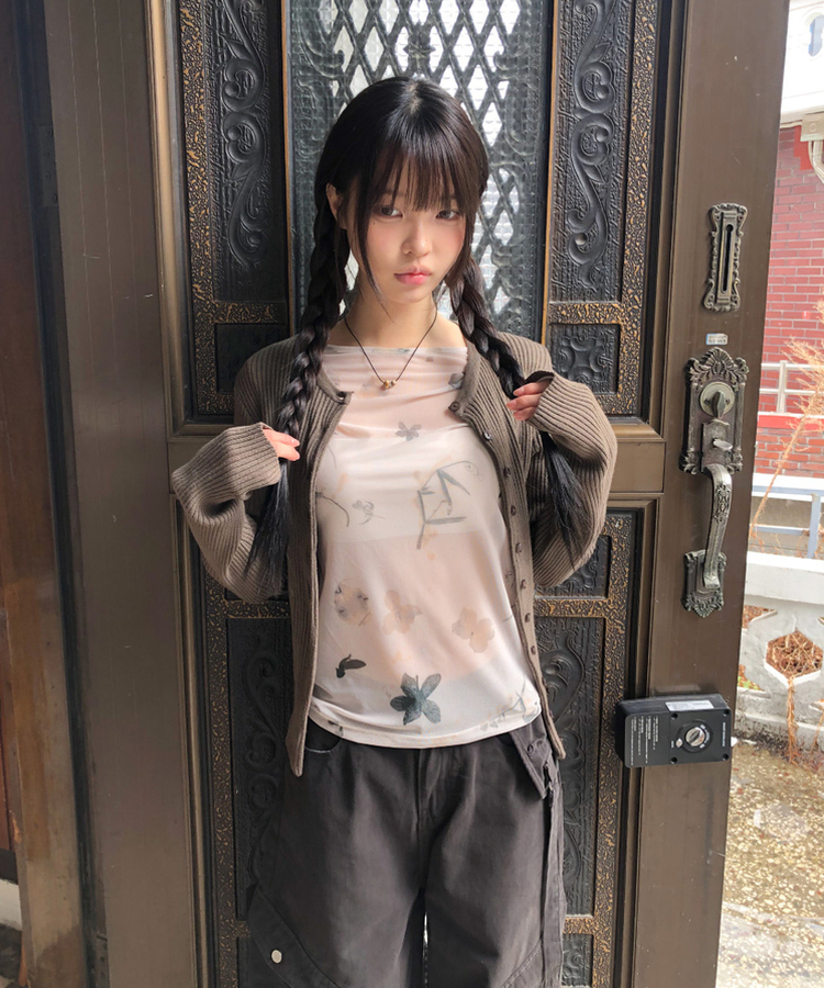 ボタンリブラウンドカーディガン(10color) BROWN