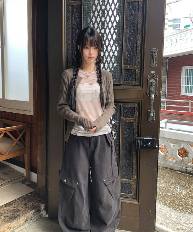 ボタンリブラウンドカーディガン(10color) BROWN