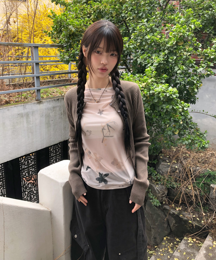 ボタンリブラウンドカーディガン(10color) BROWN