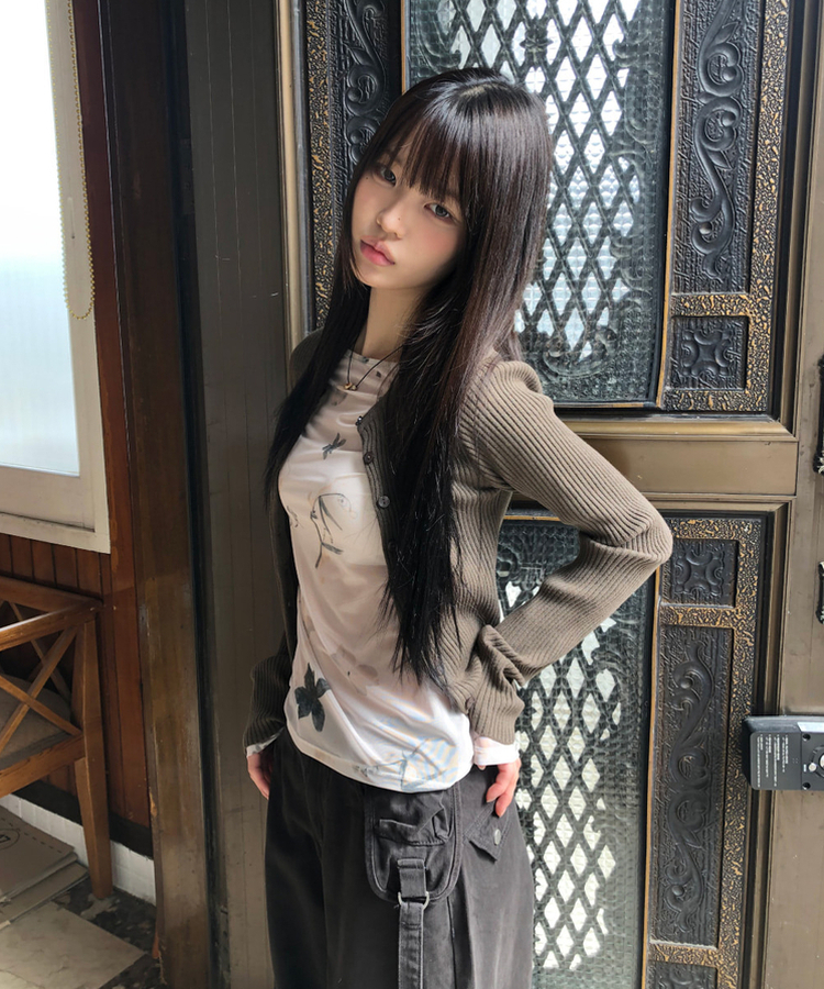 ボタンリブラウンドカーディガン(10color) BROWN