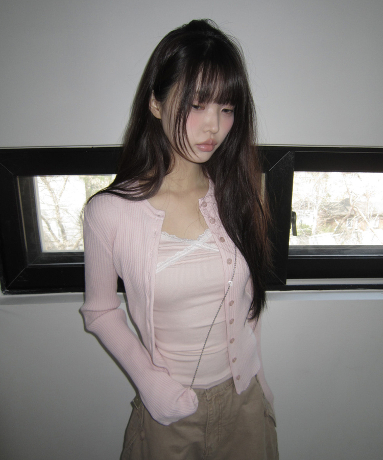 ボタンリブラウンドカーディガン(10color) PINK