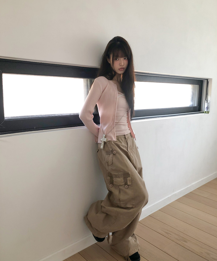 ボタンリブラウンドカーディガン(10color) PINK