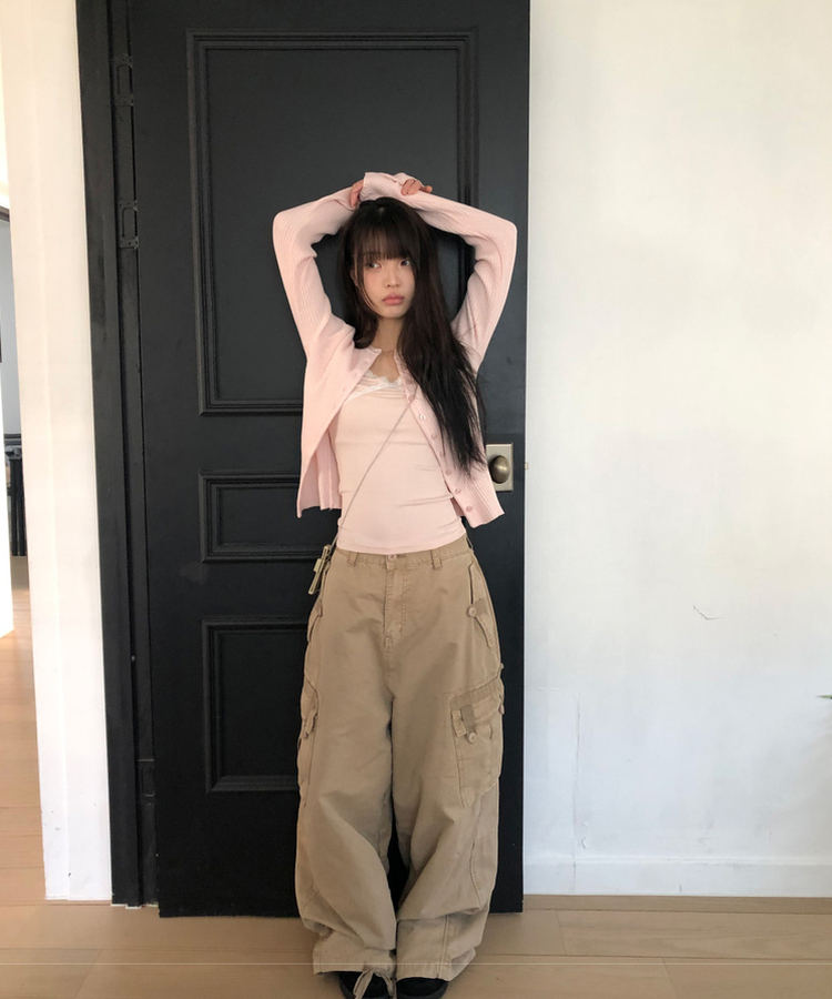 ボタンリブラウンドカーディガン(10color) PINK