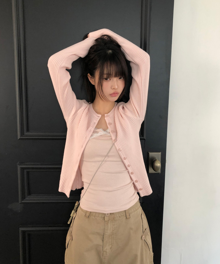 ボタンリブラウンドカーディガン(10color) PINK