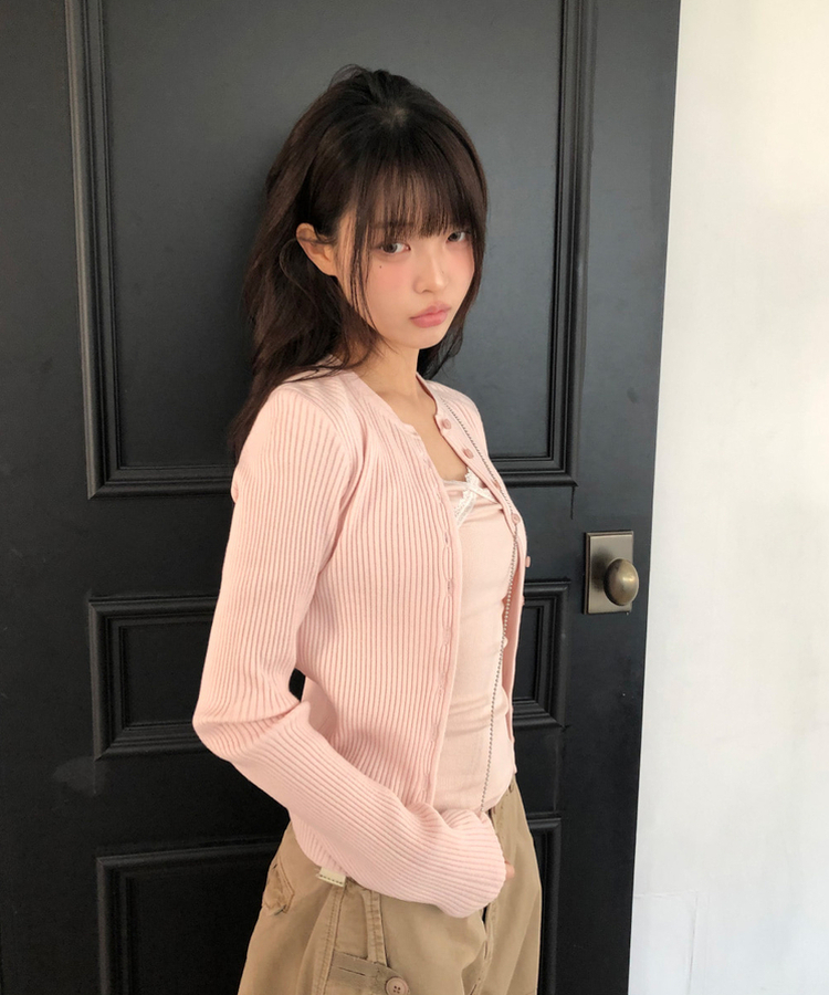 ボタンリブラウンドカーディガン(10color) PINK