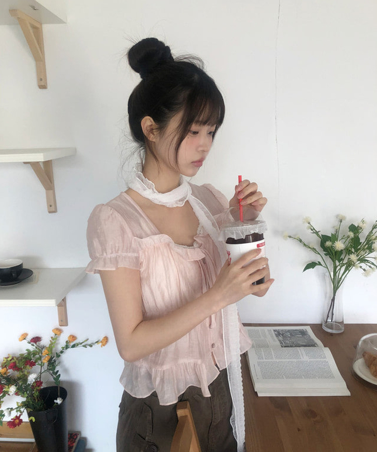 ストラップフリル半袖ブラウス PINK