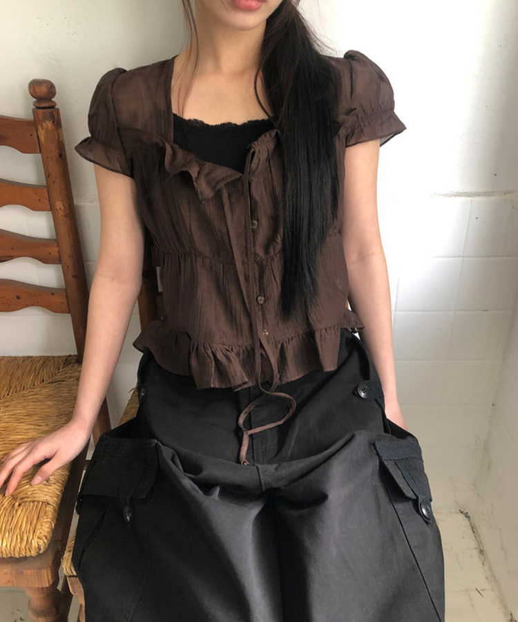 ストラップフリル半袖ブラウス BROWN