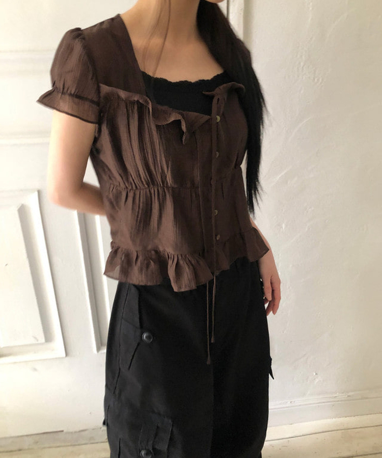 ストラップフリル半袖ブラウス BROWN