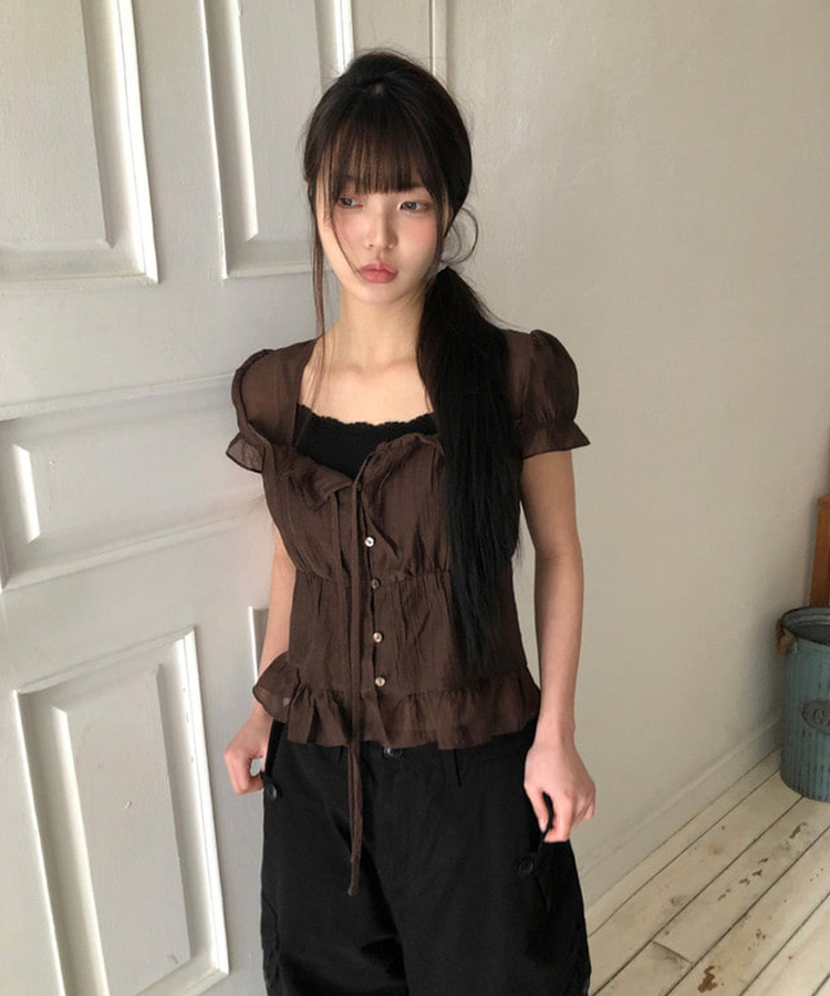 ストラップフリル半袖ブラウス BROWN
