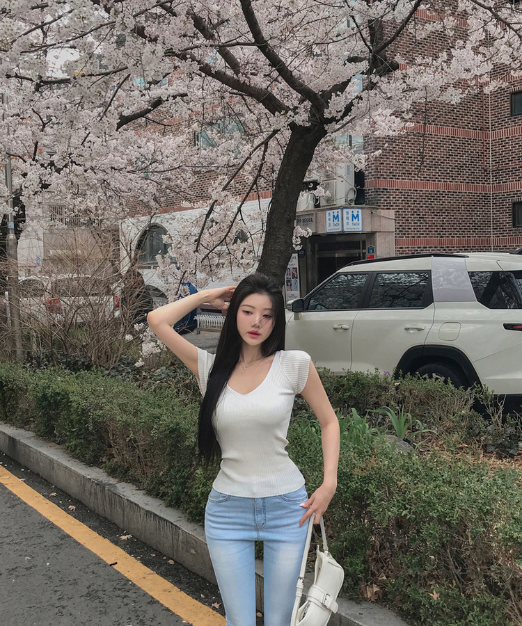 縦リブ半袖Tシャツ(5color) IVORY