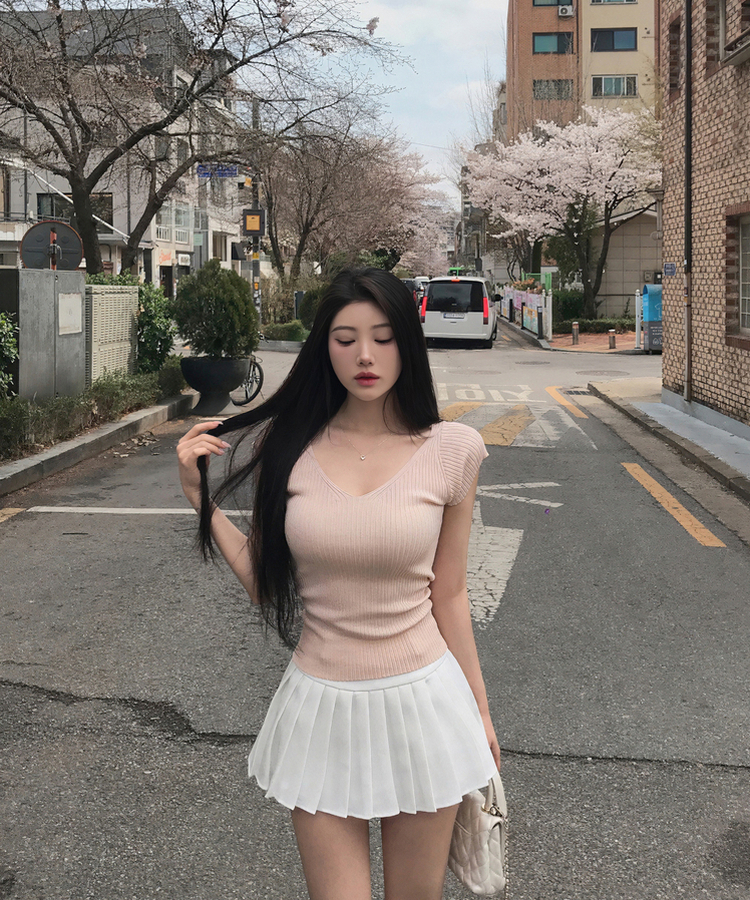 縦リブ半袖Tシャツ(5color) PINK